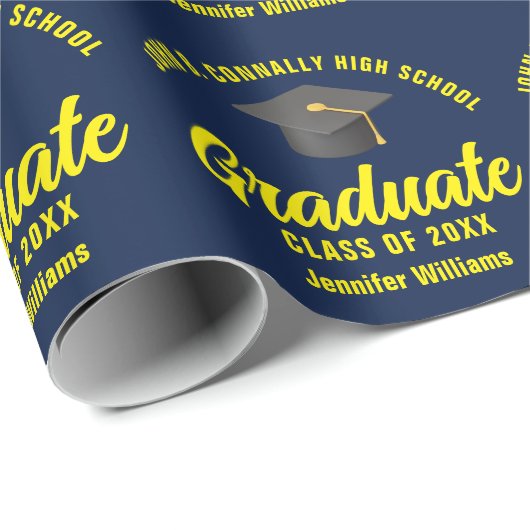 Navy Blue Yellow Afstuderen Custom Afstuderen Cadeaupapier (Rol Hoek)