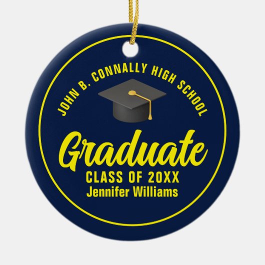 Navy Blue Yellow Afstuderen Custom Afstuderen Foto Keramisch Ornament (Voorkant)
