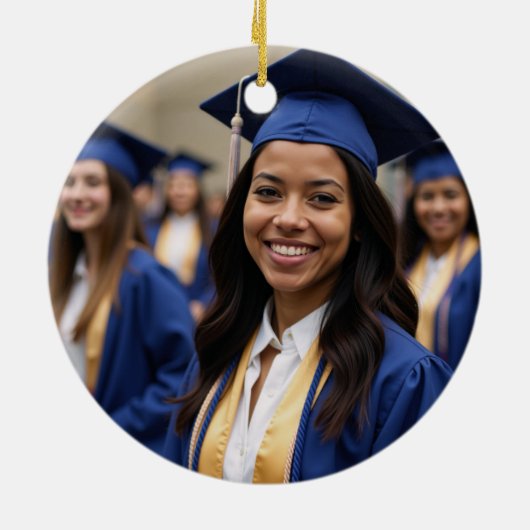 Navy Blue Yellow Afstuderen Custom Afstuderen Foto Keramisch Ornament (Achterkant)