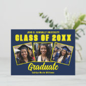 Navy Blue Yellow Afstuderen Fotocollage Afstuderen Aankondiging (Staand voorkant)