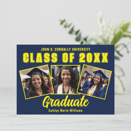 Navy Blue Yellow Afstuderen Fotocollage Afstuderen Aankondiging (Staand voorkant)