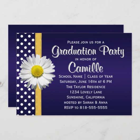 Navy Blue Yellow Daisy Graduation Party Uitnodigin Kaart (Voorkant / Achterkant)