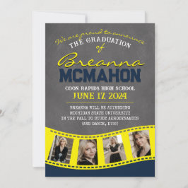 Navy Blue & Yellow Filmstrip Afstudeerder Aankondi Kaart