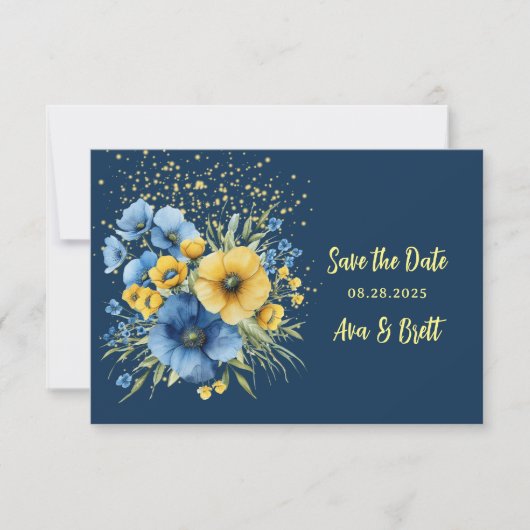 Navy Blue & Yellow Floral Gold Bewaar de datumkaar Save The Date (Voorkant)