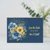Navy Blue & Yellow Floral Gold Bewaar de datumkaar Save The Date (Staand voorkant)
