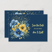 Navy Blue & Yellow Floral Gold Bewaar de datumkaar Save The Date (Voorkant / Achterkant)