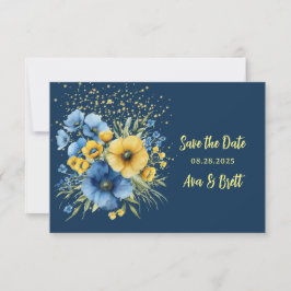 Navy Blue & Yellow Floral Gold Bewaar de datumkaar Save The Date
