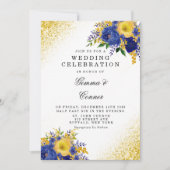 Navy Blue Yellow Floral Gold Glitter Wedding Kaart (Voorkant)