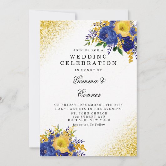 Navy Blue Yellow Floral Gold Glitter Wedding Kaart (Voorkant)