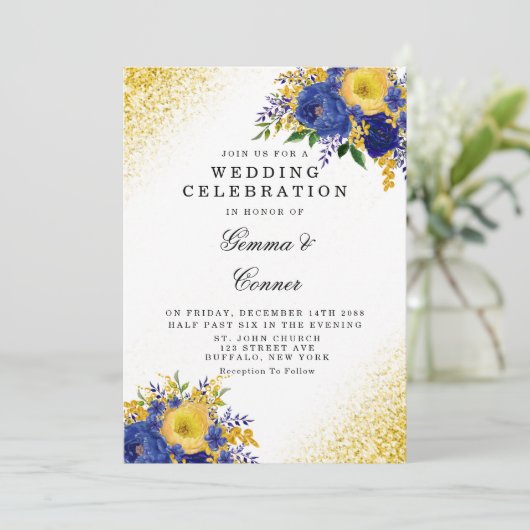 Navy Blue Yellow Floral Gold Glitter Wedding Kaart (Staand voorkant)