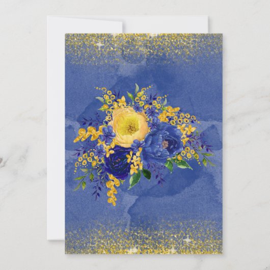 Navy Blue Yellow Floral Gold Glitter Wedding Kaart (Achterkant)