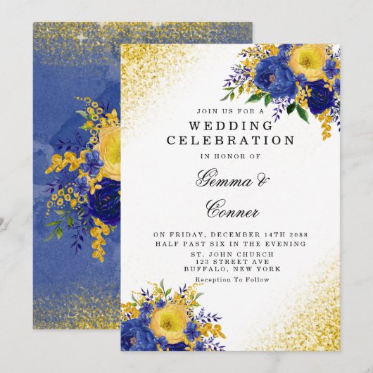 Navy Blue Yellow Floral Gold Glitter Wedding Kaart (Voorkant / Achterkant)