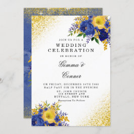Navy Blue Yellow Floral Gold Glitter Wedding Kaart