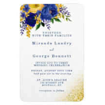 Navy Blue Yellow Floral Gold Wedding Invite