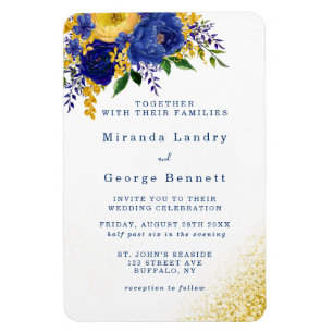 Navy Blue Yellow Floral Gold Wedding Invite Magneet
