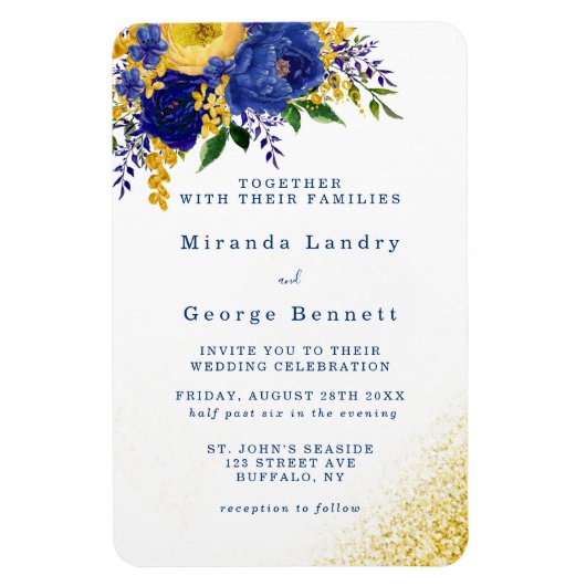 Navy Blue Yellow Floral Gold Wedding Invite Magneet (Verticaal)
