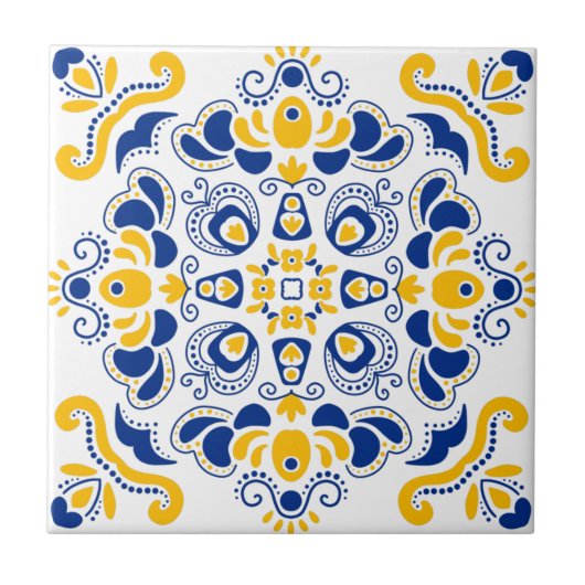 Navy Blue Yellow Mediterranean Pattern White Tegeltje (Voorkant)