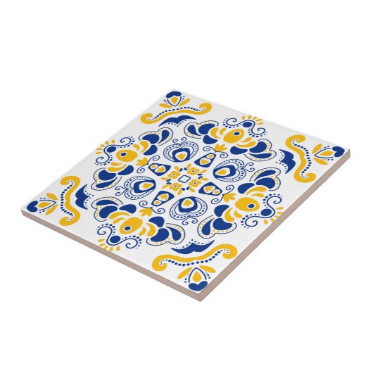 Navy Blue Yellow Mediterranean Pattern White Tegeltje (Zijkant)