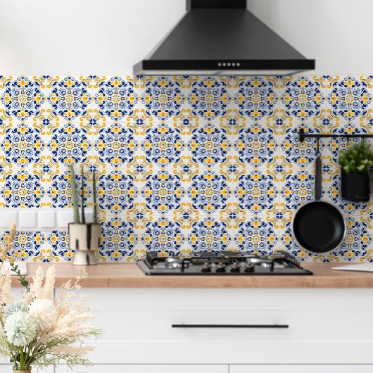 Navy Blue Yellow Mediterranean Pattern White Tegeltje