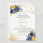 Navy blue Yellow Pained Floral Gold Wedding Kaart (Voorkant)
