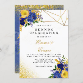 Navy blue Yellow Pained Floral Gold Wedding Kaart