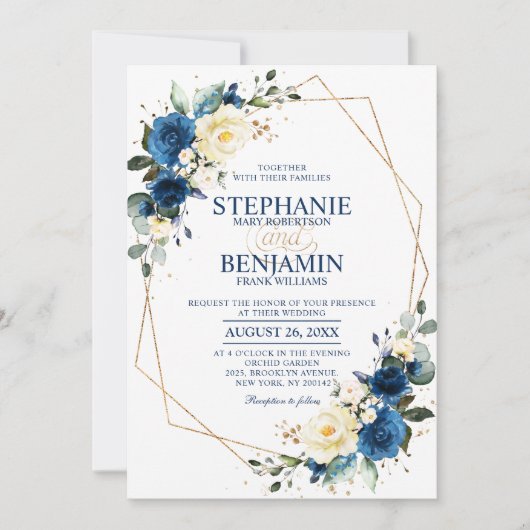 Navy Blue Yellow Rose Boho Geometric Wedding Invit Kaart (Voorkant)