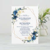 Navy Blue Yellow Rose Boho Geometric Wedding Invit Kaart (Staand voorkant)