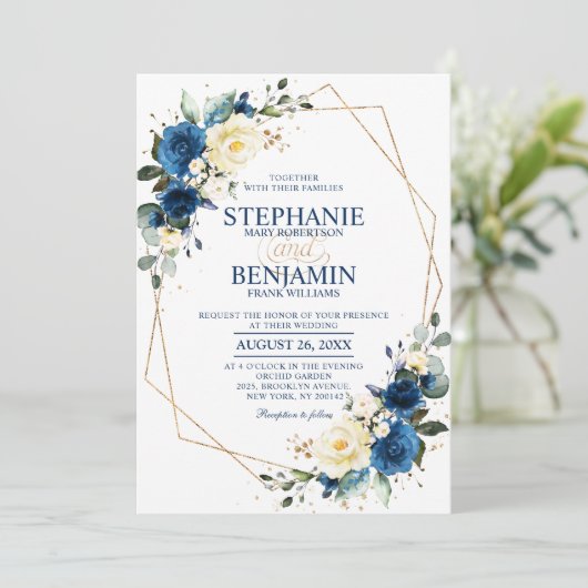 Navy Blue Yellow Rose Boho Geometric Wedding Invit Kaart (Staand voorkant)