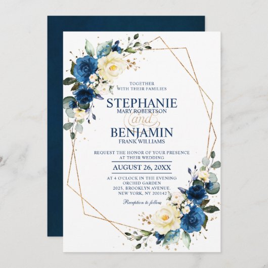 Navy Blue Yellow Rose Boho Geometric Wedding Invit Kaart (Voorkant / Achterkant)