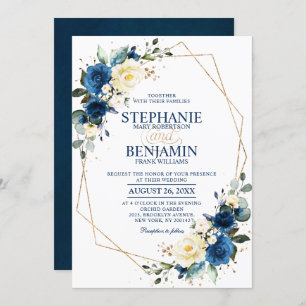 Navy Blue Yellow Rose Boho Geometric Wedding Invit Kaart