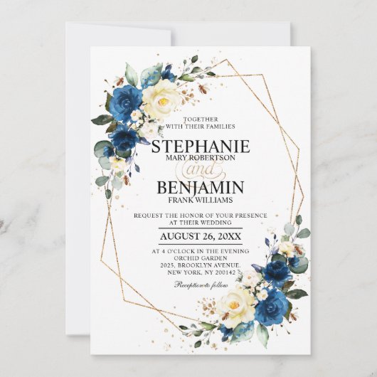 Navy Blue Yellow Rose Boho Geometric Wedding Invit Kaart (Voorkant)