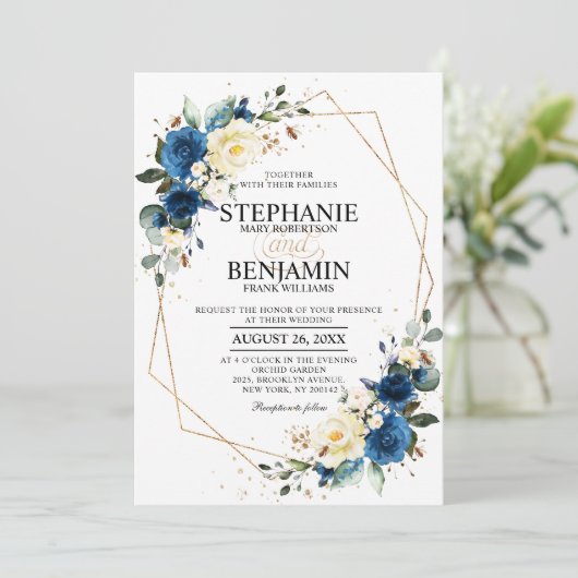 Navy Blue Yellow Rose Boho Geometric Wedding Invit Kaart (Staand voorkant)