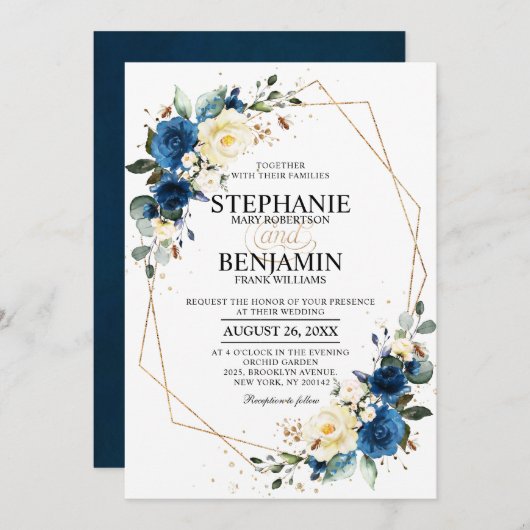 Navy Blue Yellow Rose Boho Geometric Wedding Invit Kaart (Voorkant / Achterkant)