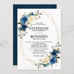 Navy Blue Yellow Rose Boho Geometric Wedding Invit Kaart