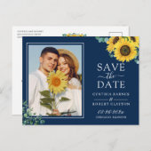 Navy Blue Yellow Sunflower Foto Save the Date Briefkaart (Voorkant / Achterkant)