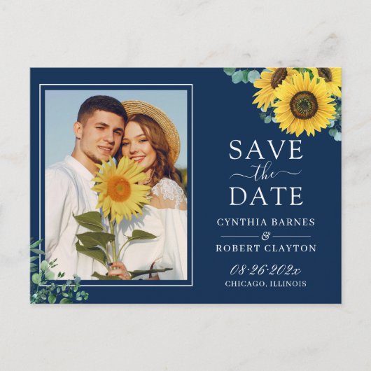 Navy Blue Yellow Sunflower Foto Save the Date Briefkaart (Voorkant)