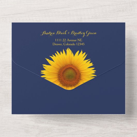 Navy Blue Yellow Sunflower Wedding RSVP All In One Uitnodiging (Achterkant)