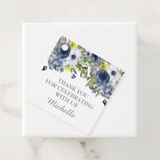 Navy Blue Yellow Waterverf Floral bedankt Bedankjes Labels (In situ)