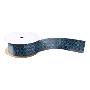 Navy Blue Yellow White Floral Pattern Ribbon Satijnen Lint