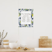 Navy Blue Yellow White Floral Wedding Party Poster (Keuken)