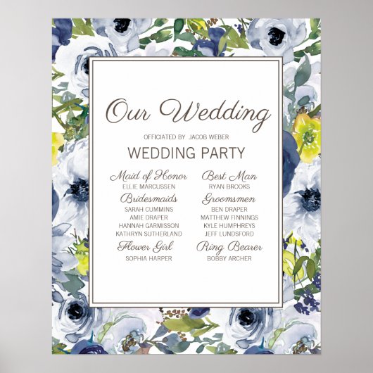 Navy Blue Yellow White Floral Wedding Party Poster (Voorkant)