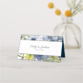 Navy Blue Yellow White Floral Wedding Plaatskaartje (Achterkant)