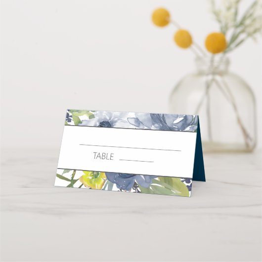 Navy Blue Yellow White Floral Wedding Plaatskaartje (Voorkant)