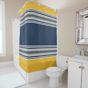 Navy Blue Yellow White Pattered Stripes Douchegordijn