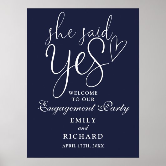 Navy Blue Ze zei ja Verloving welkom teken Poster (Voorkant)