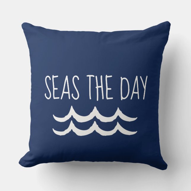 Navy Blue Zeeen the Day Waves Nautical Kussen (Voorkant)