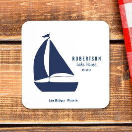 Navy Blue Zeilboot Meerhuis Familienaam Bier Onderzetter