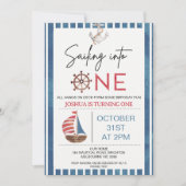 Navy Blue Zeilboot Varen naar een 1e verjaardag Kaart (Voorkant)