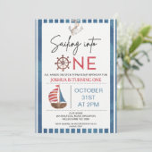 Navy Blue Zeilboot Varen naar een 1e verjaardag Kaart (Staand voorkant)