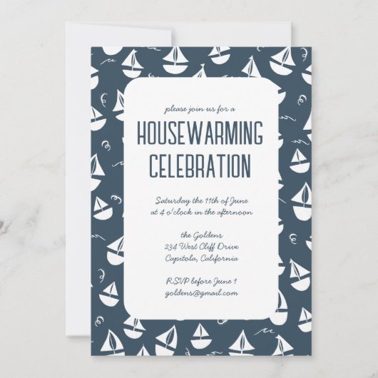 Navy Blue Zeilboten Schattige Beach Housewarming P Kaart (Voorkant)